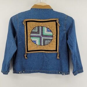 Ultimate Denim Jacket Womens Medium Blue Beaded Southwestern Suede Trim Zip Up